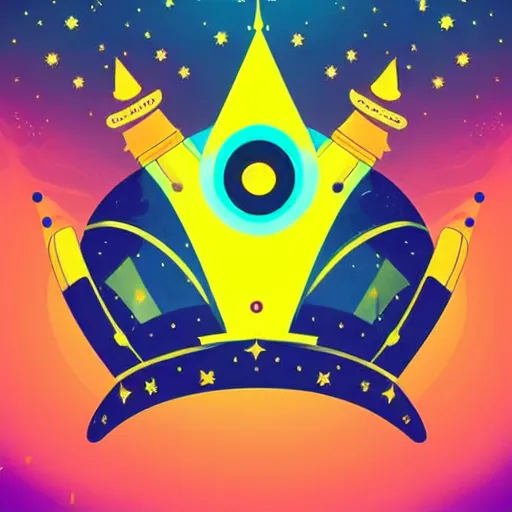 Prompt: a glowing crown sitting on a table with one large beautiful eye on top of it like a jewel, stars on top of the crown, night time, vast cosmos, geometric light rays, bold black lines, flat colors, minimal psychedelic 1 9 5 0 s poster illustration
