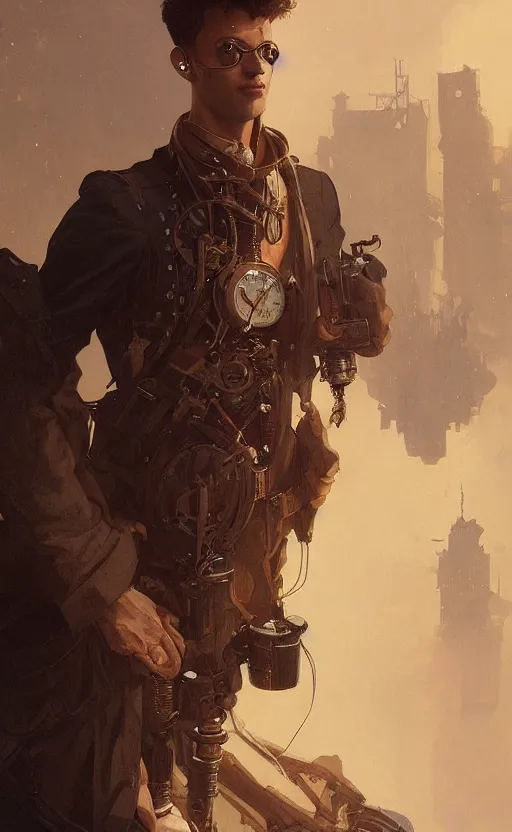 Image similar to Portrait of a steampunk young man, science fiction, highly detailed, digital painting, artstation, concept art, illustration, art by Greg Rutkowski and alphonse mucha