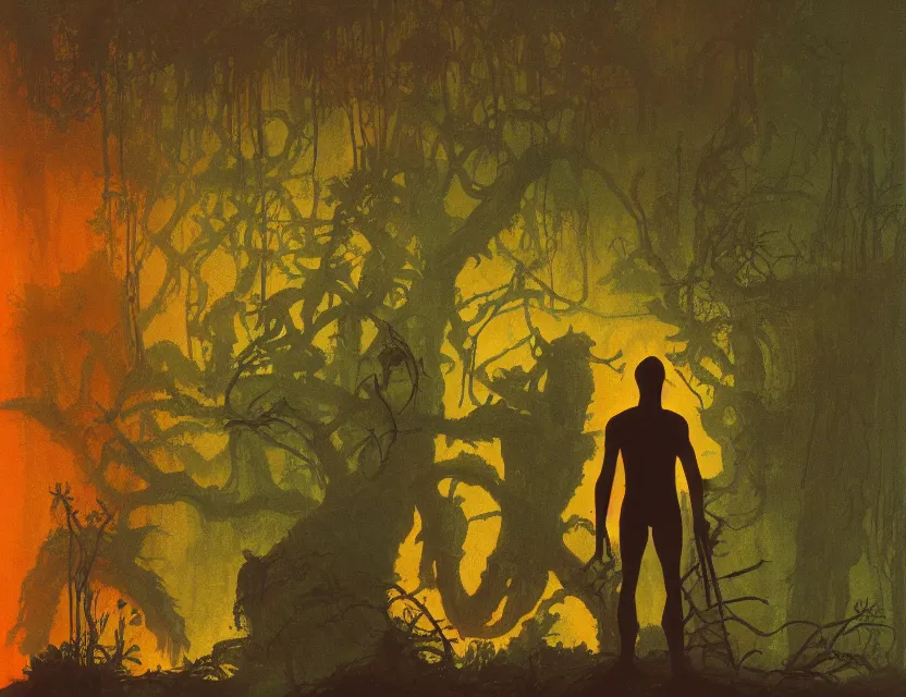 Prompt: a silhouette of an explorer in a baroque neoclassicist halls overgrown with colorful alien swamplife. close - up view, detailed textures. glowing orange fog, dark black background. highly detailed fantasy science fiction painting by moebius, norman rockwell, frank frazetta, and syd mead. rich colors, high contrast