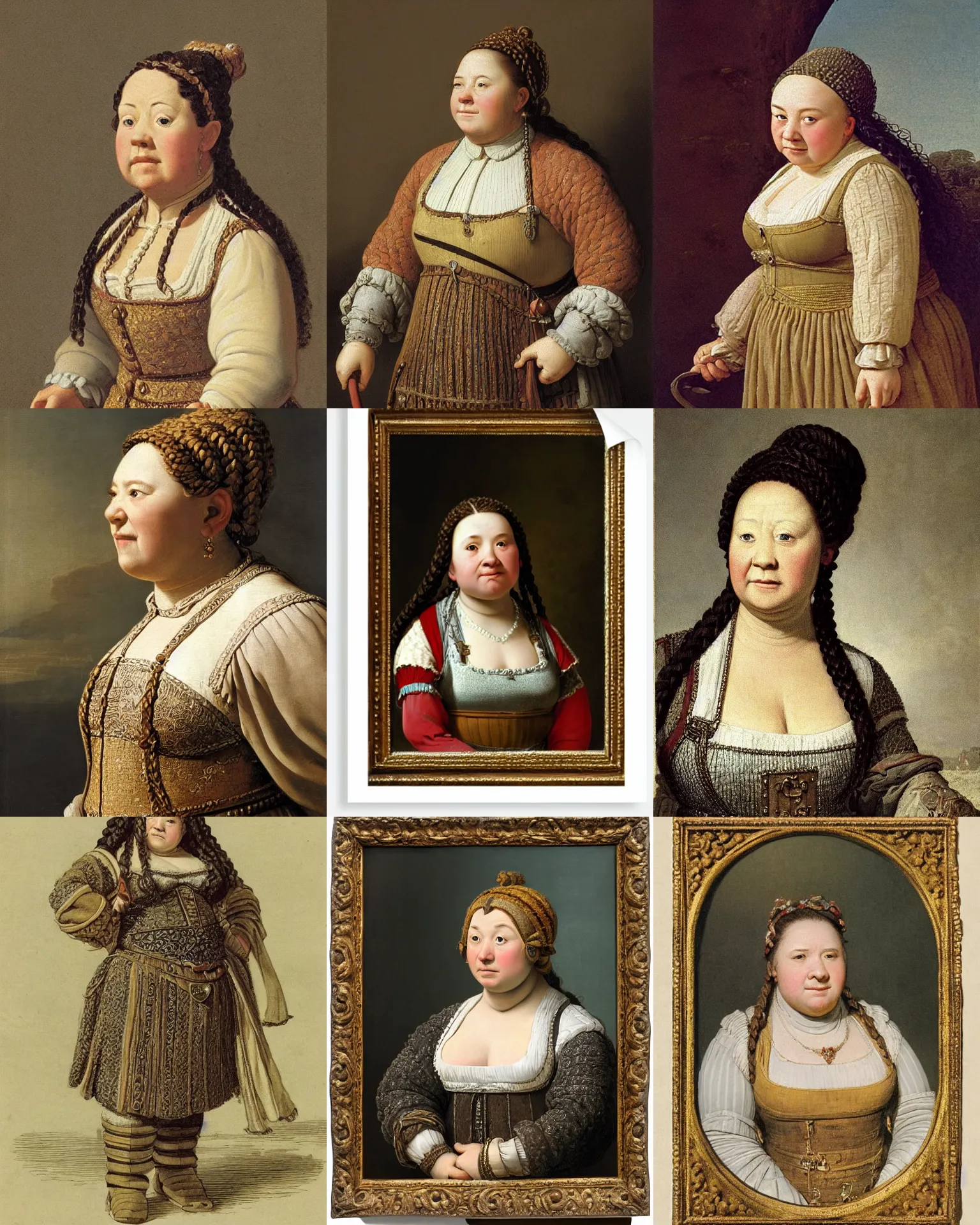 Prompt: female dwarven noblewoman, chubby short stature, braided intricate hair, by canaletto