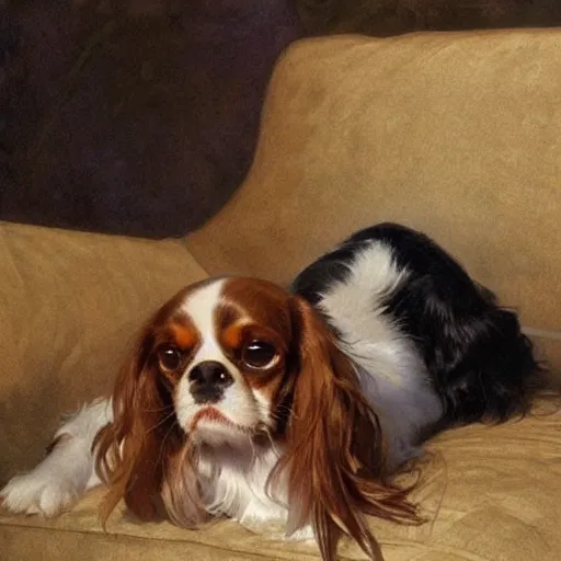 Image similar to a cavalier king charles spaniel who is really bored, tired, lying on a sofa with pillows, oil on canvas, by artgerm and greg rutkowski and alphonse mucha