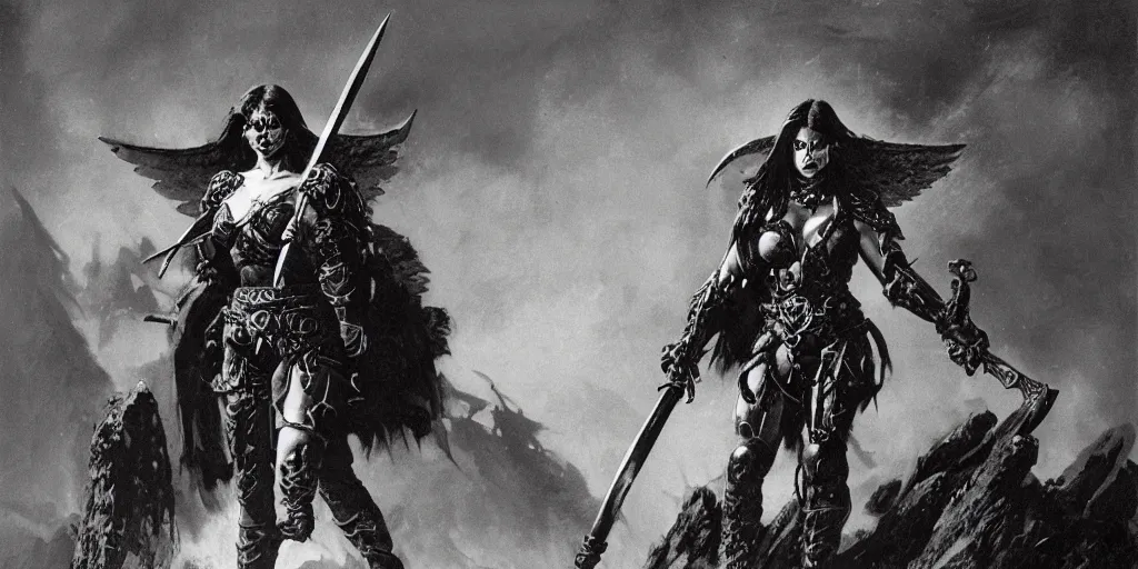 Prompt: female death dealer warrior, angel, by frank frazetta, wield large sharp metal double axe, full armor with ornaments made of black obsidian, standing on a hill at dark forest, cloudy dark sky, post-apocalyptic hellscape, hyperdetailed, photorealistic