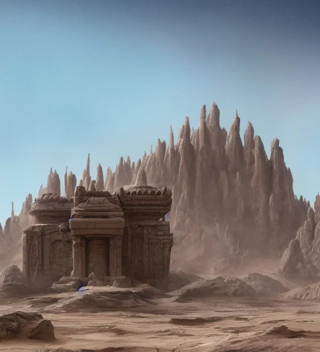 Prompt: an anthropomorphic beautiful giant futuristic lost temple made of dust in a desert, blue crazy river, fine art, award winning, intricate, elegant, sharp focus, octane render, hyperrealistic, cinematic lighting, highly detailed, digital painting, 8 k concept art, art by jamie hewlett and z. w. gu, masterpiece, trending on artstation, 8 k