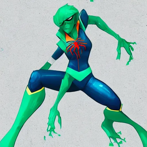 Image similar to splash art of a cool beautiful green and cyan spiderman in a stylish pose in the style of the league of legends splash art, digital art by Michelle Hoefener