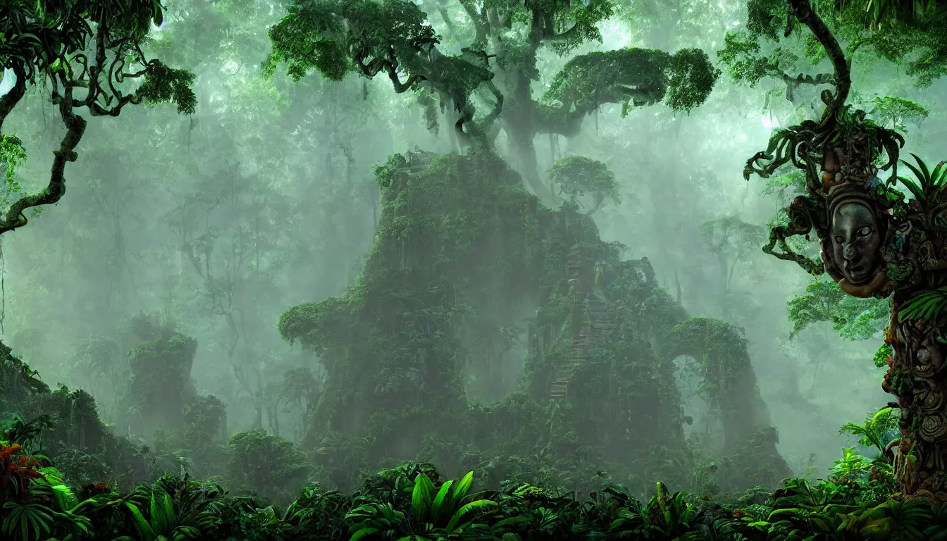Image similar to deep mayan jungle forest realm biodiversity , side-scrolling 2d platformer game level, swirling clouds of magical mist through the trees, ancient temple gigantic statue heads in ruins in the background between the tree trunks, dramatic dusk sun illuminates areas, volumetric light , detailed entangled roots carpet the forest floor, rich color, upscale , 8k