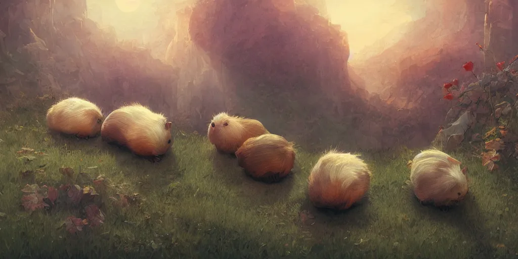 Image similar to a bunch of cute guinea pig, clear skies, marc simonetti and caspar david friedrich, trending on artstation