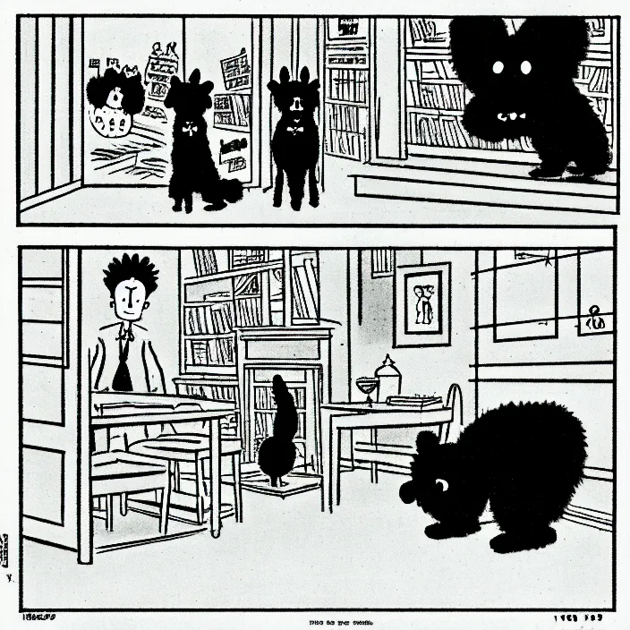 Prompt: a still frame from comic strip, black fluffy dog 1 9 5 0, herluf bidstrup, new yorker illustration, monochrome contrast bw, lineart, manga, tadanori yokoo, simplified,