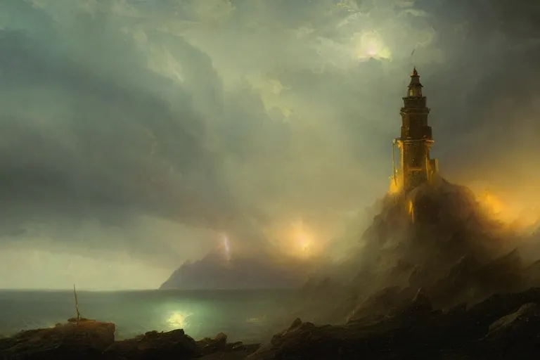 Prompt: tower in lightning storm at the top of a mountain, tornado, oil painting by Ivan Aivazovsky and Greg Rutkowski, artstation, fantasy, intricate, beautiful, cinematic, octane render, arnold render, 8k, hyper realism, detailed, sharp focus, 4k uhd, masterpiece, award winning