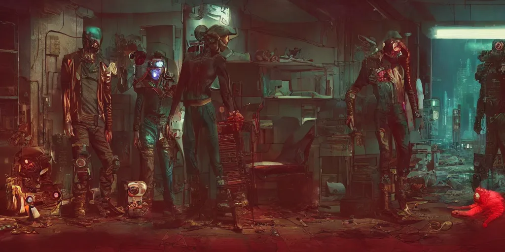 Image similar to cyberpunk cat gang posing, fallout 5, studio lighting, deep colors, apocalyptic setting, sneak