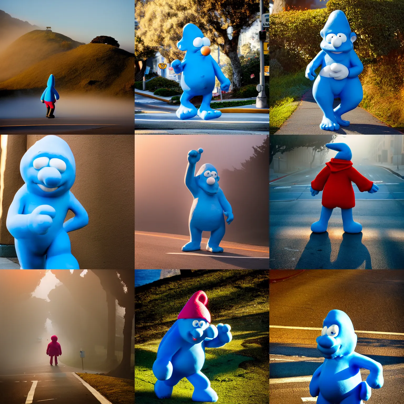 Prompt: giant smurf walking through san francisco in the morning sun, low light, relaxed, nice warm colors, fog, sundawn, on the hills