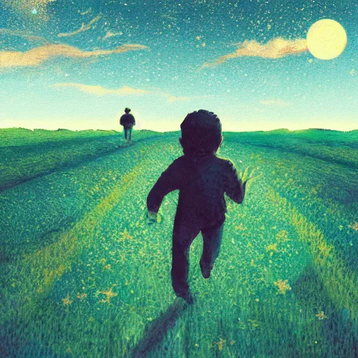 Image similar to boy running in the field surreal photography, dark night, stars, moon light, impressionist painting, clouds, digital painting, artstation, simon stalenhag