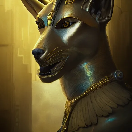 Image similar to portrait of anubis, intricate artwork, concept art, octane render, deviantart, cinematic, key art, hyperrealism, iridescent accents, portrait photograph, nikon 3 5 mm, photograph by greg rutkowski