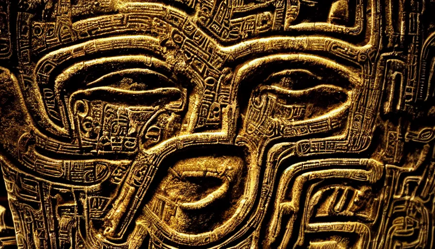 Image similar to h. r. giger hieroglyphs, sorrow intense likely, gold plated, sense of decay given, throw into the abyssal despair, various refining techniques, micro macro auto focus, top photography photo art gallery, realistic photo, insane detail