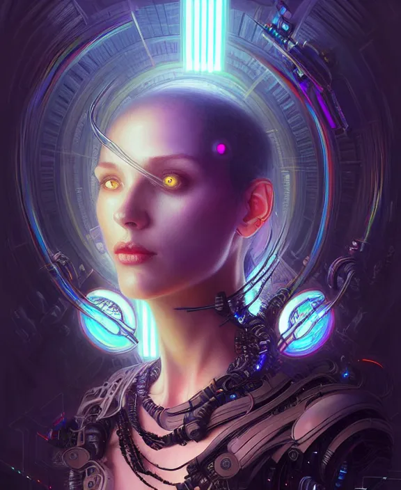 Image similar to a whirlwind of souls rushing inside the metaverse, hologram, half body, neurochip, shaved temple, piercing, jewelry, android, cyborg, cyberpunk face, by loish, d & d, fantasy, intricate, elegant, highly detailed, colorful, digital painting, artstation, concept art, art by artgerm and greg rutkowski and alphonse mucha