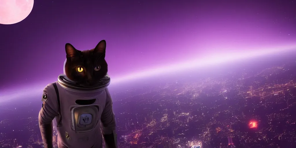 Image similar to A cat in sifi spacesuit looking down on Gotham city, purple night, giant moon in background, 8k, hyperdetailed, cinematographic, dynamic scene, wide angle camera, Artstation, unreal engine