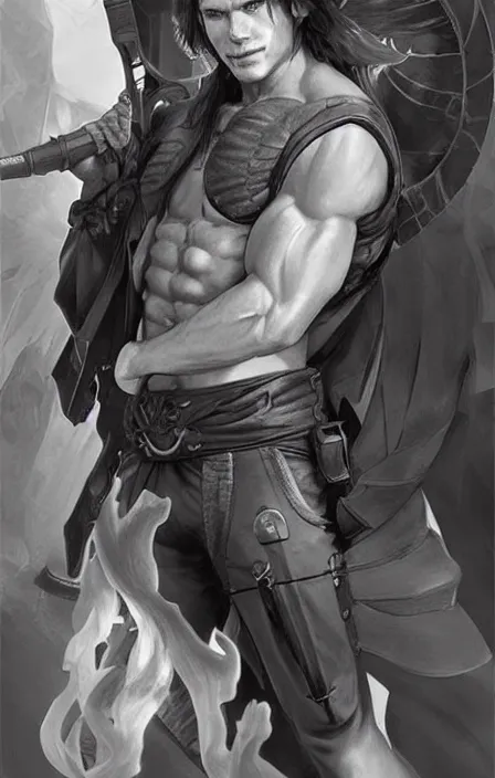 Image similar to pretty muscular sam winchester as a character in a final fantasy art design, character concept, sharp focus!, ultra detailed, art by artgerm alphonse mucha, wlop