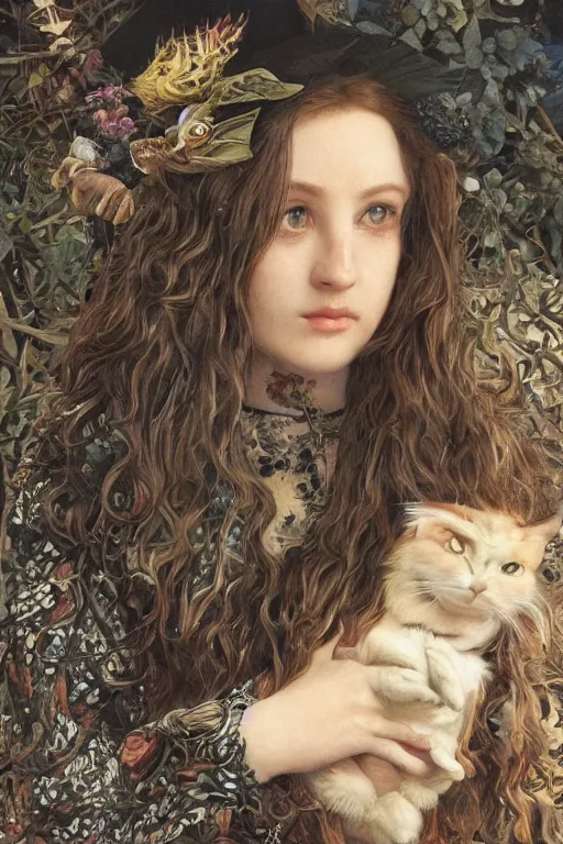 Image similar to An extremely beautiful pre-raphaelite portrait of a cute witch and her cat, surreal, ultradetailed, intricate, elegant, detailed, digital painting, artstation, concept art, smooth, sharp focus, illustration, regal, award winning picture, extremely detailed masterpiece, sense of awe, featured on artstation, Artgerm, effervescent punk kawaii-noir pastel bubbles, winning award piece, ethereal rainbows, Aetherpunk, Exquisite details