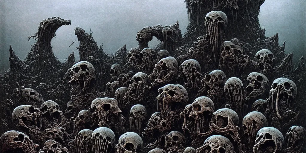 Image similar to wasteland of malformed mammal skulls, Zdzislaw Beksinski, Wayne Barlowe, Joe Fenton, gothic, cosmic horror, dystopian, biomorphic, lovecraftian, amazing details, cold hue's