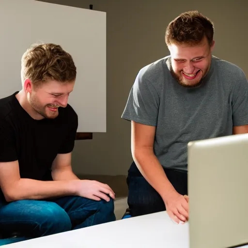 Prompt: several guys looking at a laptop screen laughing, colour photograph, studio light 35mm