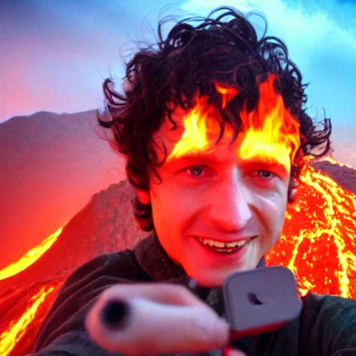 Image similar to Frodo taking a selfie after destroying the one ring inside Mount Doom. Fiery lava is flying through the air on both sides. photograph, go pro, fire , lava, self portrait.