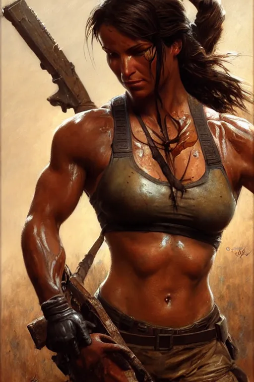 Image similar to muscular sweat lara croft, covers with mud exhausted face close up, highly detailed painting by gaston bussiere, craig mullins, j. c. leyendecker 8 k