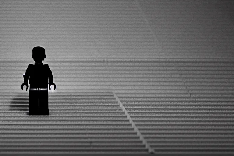 Image similar to a small faceless figure walking down a darkened stairway made of lego, horror film