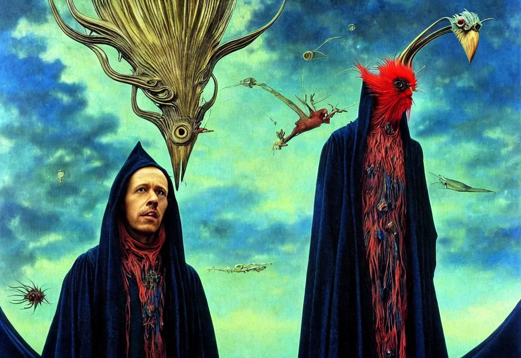 Image similar to realistic detailed portrait movie shot of a birdman wearing black robes, sci fi landscape background by denis villeneuve, amano, yves tanguy, alphonse mucha, ernst haeckel, max ernst, roger dean, masterpiece, rich moody colours, snarling dog teeth, blue eyes