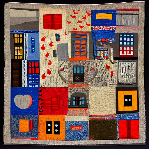 Image similar to folk art quilt showing a twitter argument, museum of modern art, new york