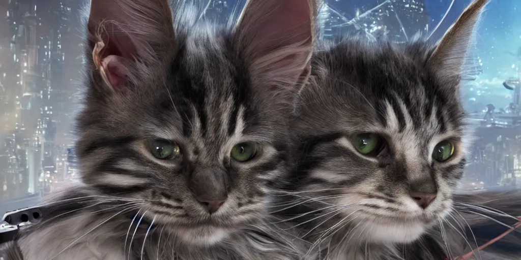 Image similar to a 3 d rendered movie still a of mainecoon robot kitten has become a cat scanning device. cyberpunk cat tree. digital art. science fiction blockbuster movie from the future, imax 7 0 mm. style of mandalorian ( american space western television series )
