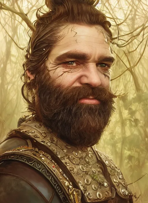 Prompt: a portrait painting of a grim male dwarf with braided beard and wearing leather armor on a beautiful lush forest meadow, morning, art by Tristan Eaton, Stanley Artgerm, Tom Bagshaw, Greg Rutkowski, Carne Griffiths