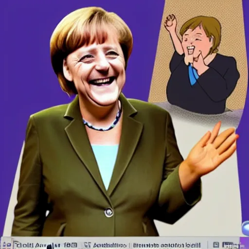 Image similar to angela merkel, laughing hysterically while doing the nazi salute, in the style of studio ghibli