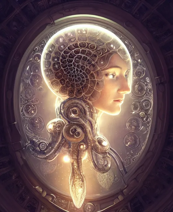 Prompt: intricate ornate opulent transparent clear see - through portrait of a cybernetic beautiful alien nautilus, mottled coloring, adorable, childlike, pastoral environment, ultra realistic, concept art, art nouveau, photorealistic, octane render, 8 k, unreal engine. art by christopher marley and artgerm and greg rutkowski and alphonse mucha