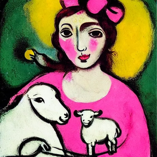 Image similar to a painting of a young women holding a lamb with a pink bow, painted by marc chagall