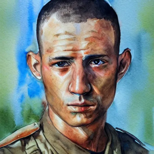 Prompt: Detailed portrait of a jarhead. Watercolor.