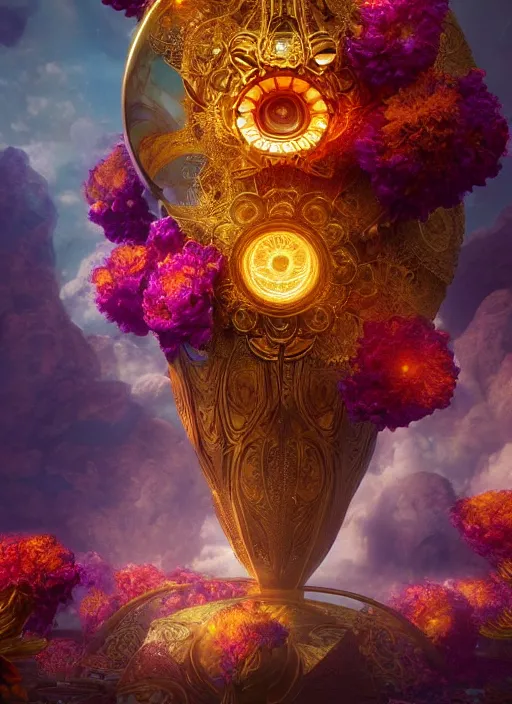 Image similar to flowers within the whole infinite capsule apparent with awe the apparition, an idea seep's into infinity highly detailed in volumetric latent space, golden turquoise steampunk, high contrast cinematic light, mystical shadows, sharp focus, divine realm of gods, octane render, artist by boris vallejo,