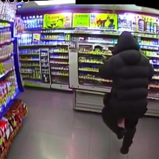 Prompt: cctv cam footage of The Predator robbing a convenience store