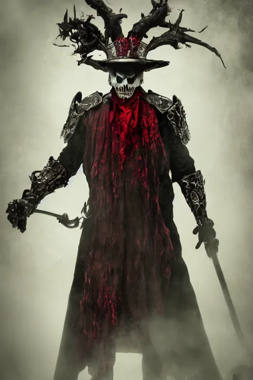 Image similar to the ghost - spirit of the grim - hatter wears the scarlet skull armor and blood crown, midnight fog - mist!, cinematic lighting, various refining methods, micro macro autofocus, ultra definition, award winning photo