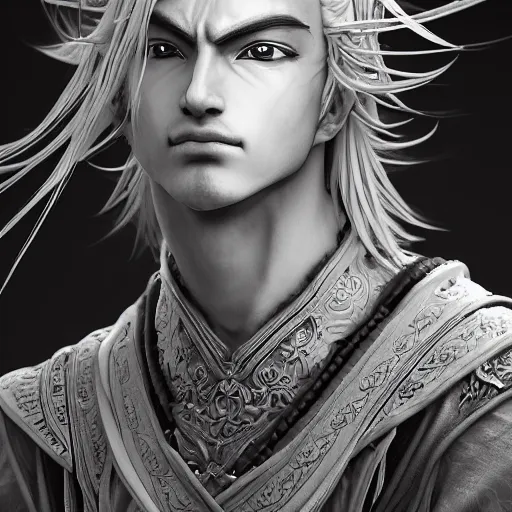 Image similar to an immortal xianxia cultivator with long blonde hair as an absurdly handsome, elegant, young anime man, ultrafine hyperrealistic detailed face illustration by kim jung gi, irakli nadar, intricate linework, sharp focus, bright colors, matte, gujian, final fantasy, unreal engine highly rendered, global illumination, radiant light, intricate environment