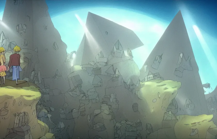 Image similar to a cell - shaded cartoon from howl's moving castle ( 2 0 0 4 ) showing several pyramids underwater at the bottom of the sea. shafts of sunlight come from above. wide shot, very dull muted colors, hd, 4 k, hq