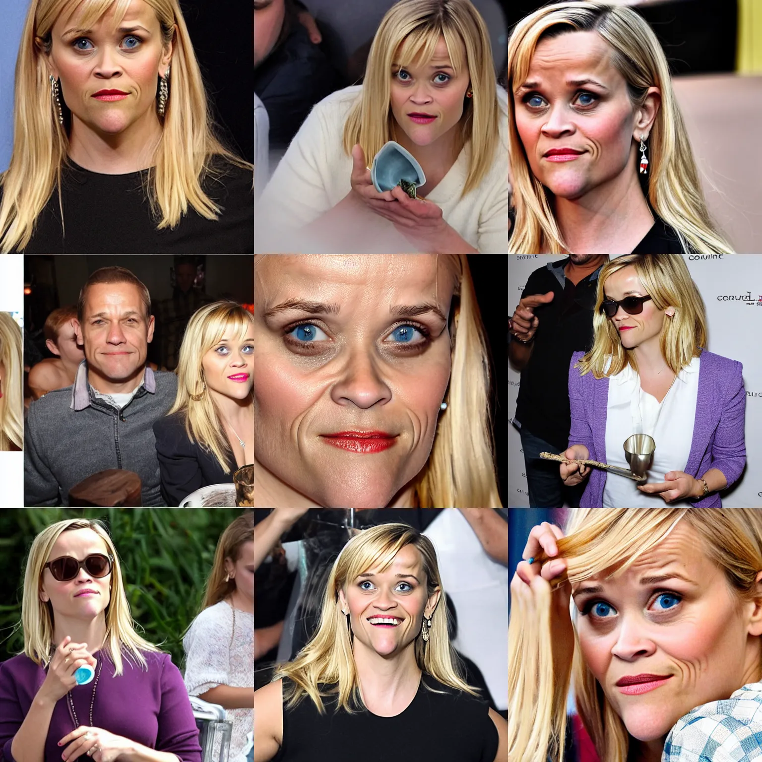 Prompt: reese witherspoon smelling cocaine off a tiny metal spoon, photo
