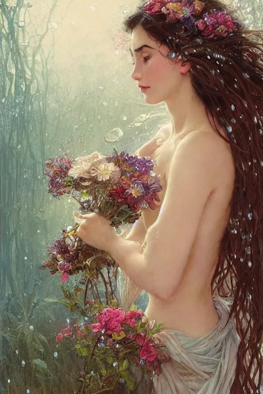 Prompt: portrait of a beautiful mysterious woman holding a bouquet of flowing flowers, wet dripping long hair, hands hidden from view, emerging from the water, fantasy, regal, intricate, by stanley artgerm lau, greg rutkowski, thomas kindkade, alphonse mucha, loish, norman rockwell