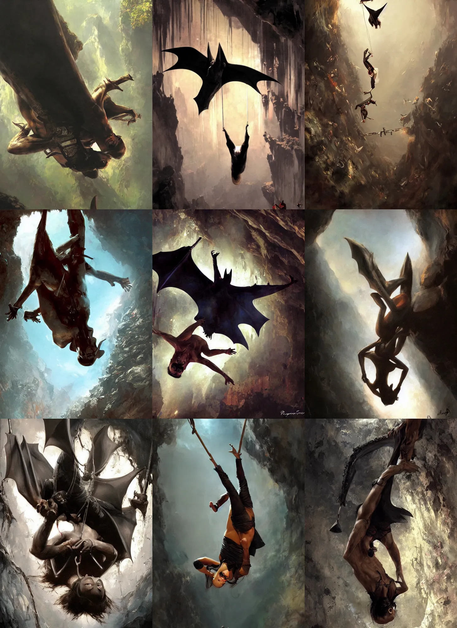 Prompt: Five foot bat in the Philippines, hanging upside down from cave ceiling, painting by Raymond Swanland