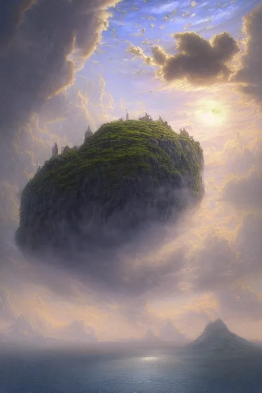 Prompt: a beautiful hyper realistic detailed matte painting of an island floating in the sky, flying castle tower, vivid color hues, looks like creativity by john howe, greg rutkowski, gustave dore, ferdinand knab, lush sky above, space nebuloid, barometric projection, rectilinear, octane render, ellen jewett, beautiful surreal palatial pulsar at dawn