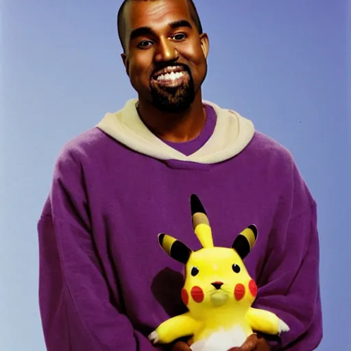 Image similar to kanye west smiling holding pikachu for a 1 9 9 0 s sitcom tv show, studio photograph, portrait c 1 2. 0