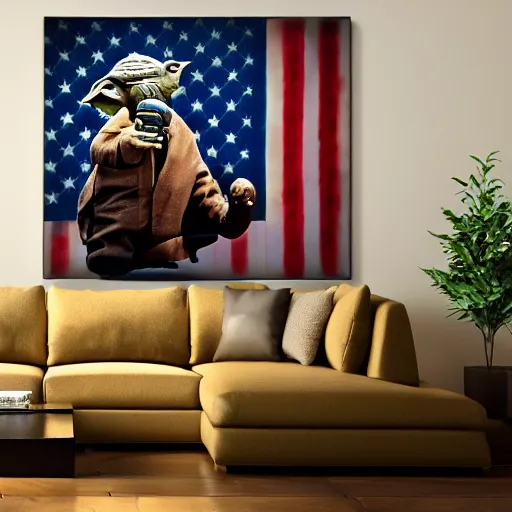 Image similar to elephant yoda patriot potus, modern art placed in a large living room, art designers magazine HD photo superrealism 3d 8k resolution