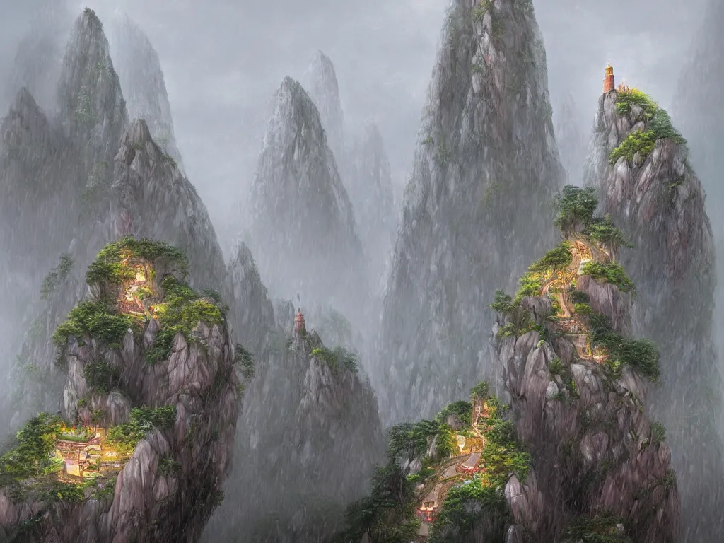 Image similar to futuristic beautiful mountainous landscape of huangshan with buddisht and taoist temples on hilltops on a rainy day by gediminas pranckevicius