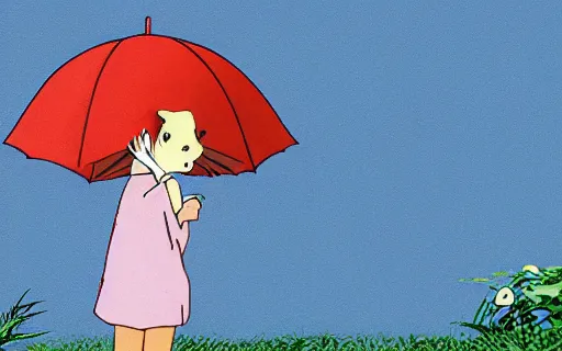 Image similar to a young girl holding an umbrella with her tiny pet capybara walking through the forest, raining, side view, shot from the side, walking to the left, art by hayao miyazaki, studio ghibli film, 4k, hi res, high detail