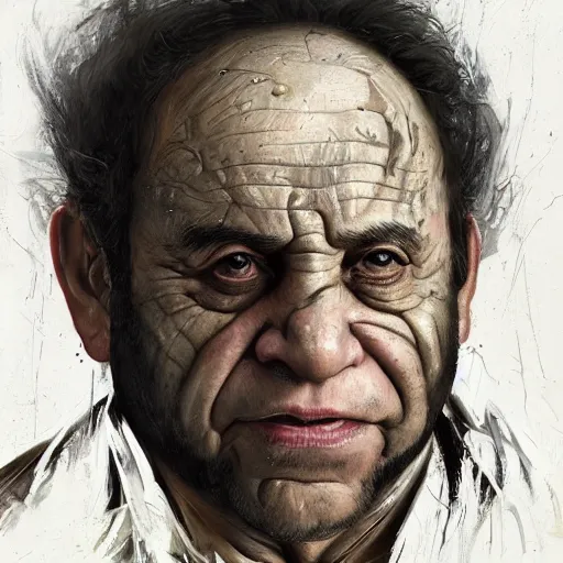 Prompt: a professionally painted portrait of Danny Devito, clothed in ancient battle armor, wrinkled skin, curly black hair, scar across face, intricate, elegant, digital painting, trending on Artstation, concept art, smooth, sharp focus, illustration, from Metal Gear by Ruan Jia and Mandy Jurgens and Artgerm and and william-adolphe bouguerea, award winning