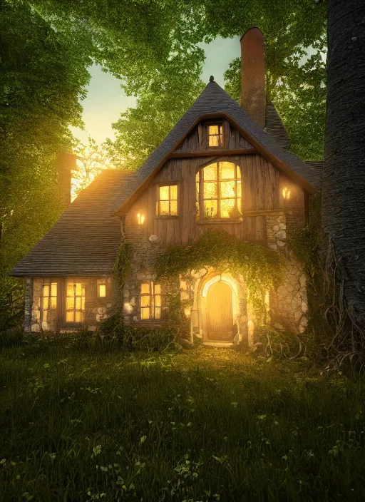 Image similar to hyper realistic homely witch cottage with random architectural styles, in the woods gorgeous lighting, highly detailed, lush forest architectural render, octane render, ue 5 raytraced