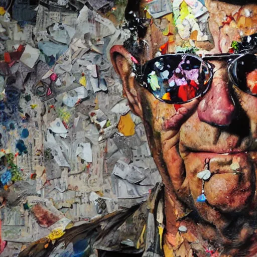 Image similar to hyperrealistic, photorealistic, mixed media oil painting of hunter s. thompson, magazine scraps, plaster, oil, splatter, greg rutkowski